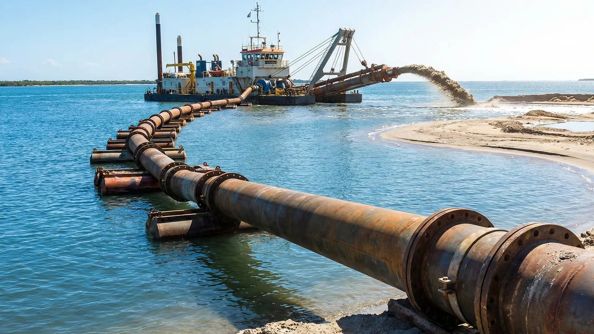 Steel dredge pipe discharging slurry