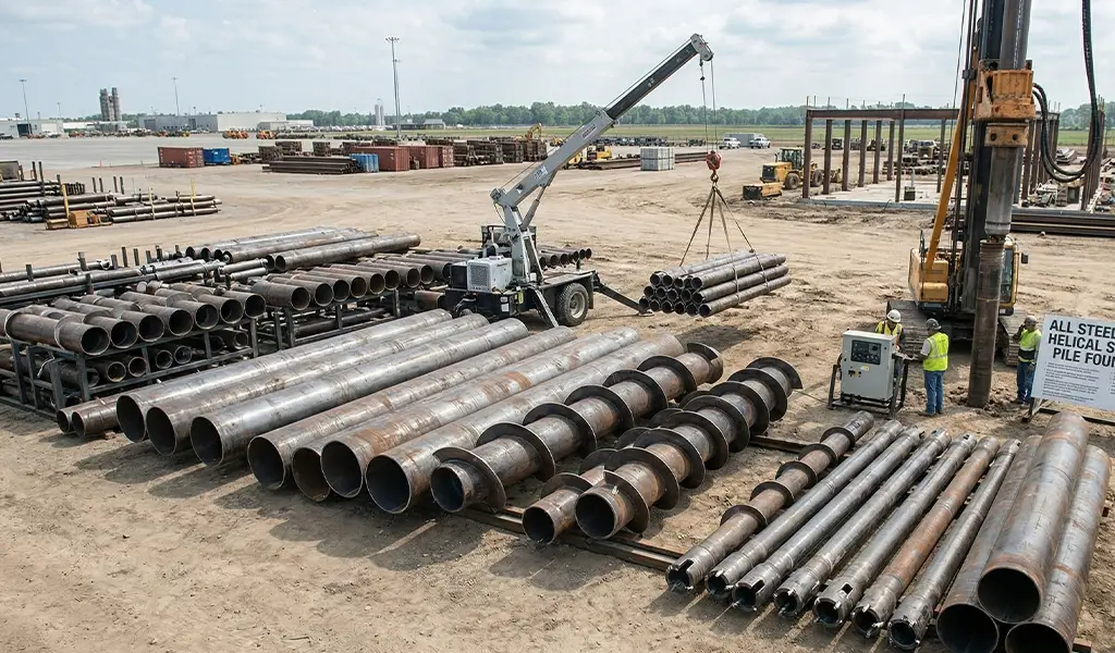 Hydraulic rotary drive installing a steel helical screw pile foundation