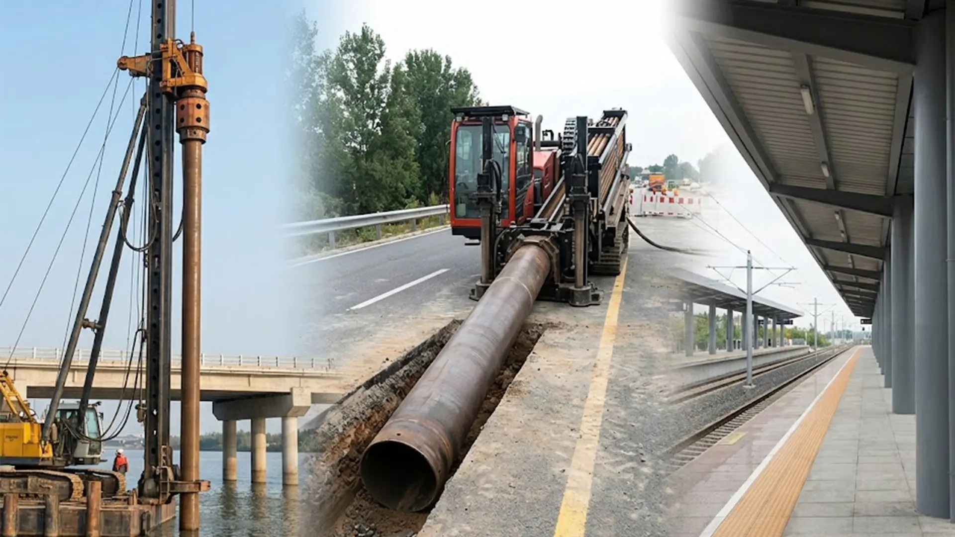 Collage of steel pipe uses: Piling, Boring, and Structural