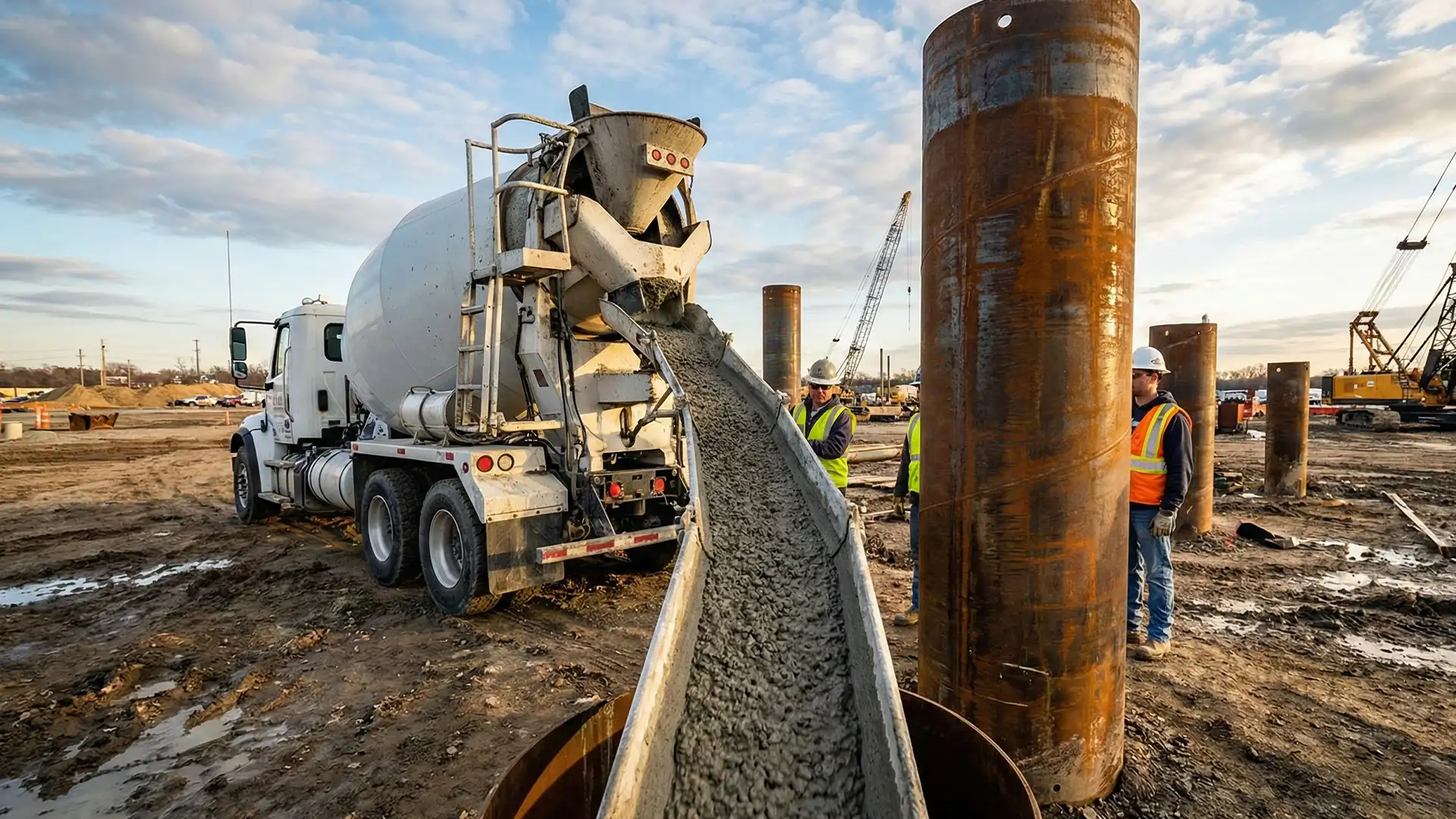 Concrete mixer truck pouring into steel pipe pile on construction site