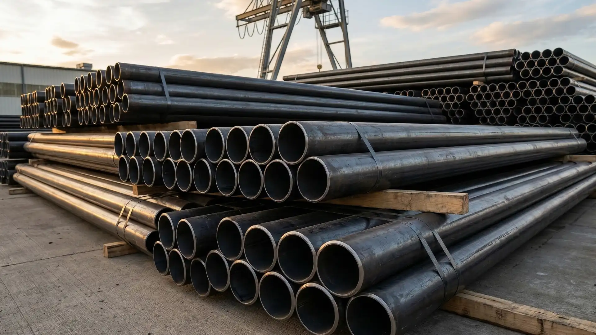 Stacks of black steel pipe