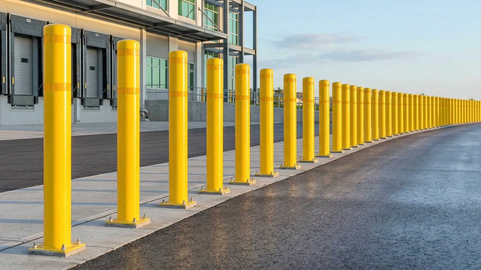 Yellow steel pipe bollards protecting a building entrance