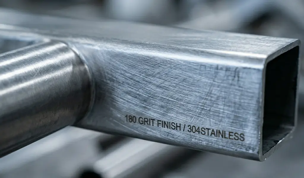 Close up of a brushed 180 grit finish on stainless square tubing