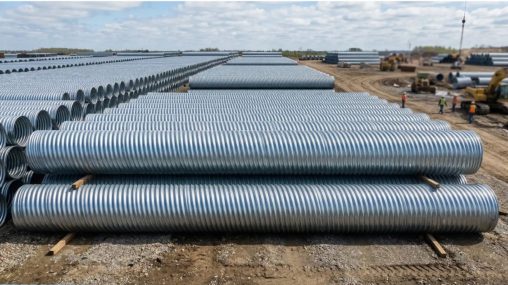 Corrugated steel pipe stacked at a construction site