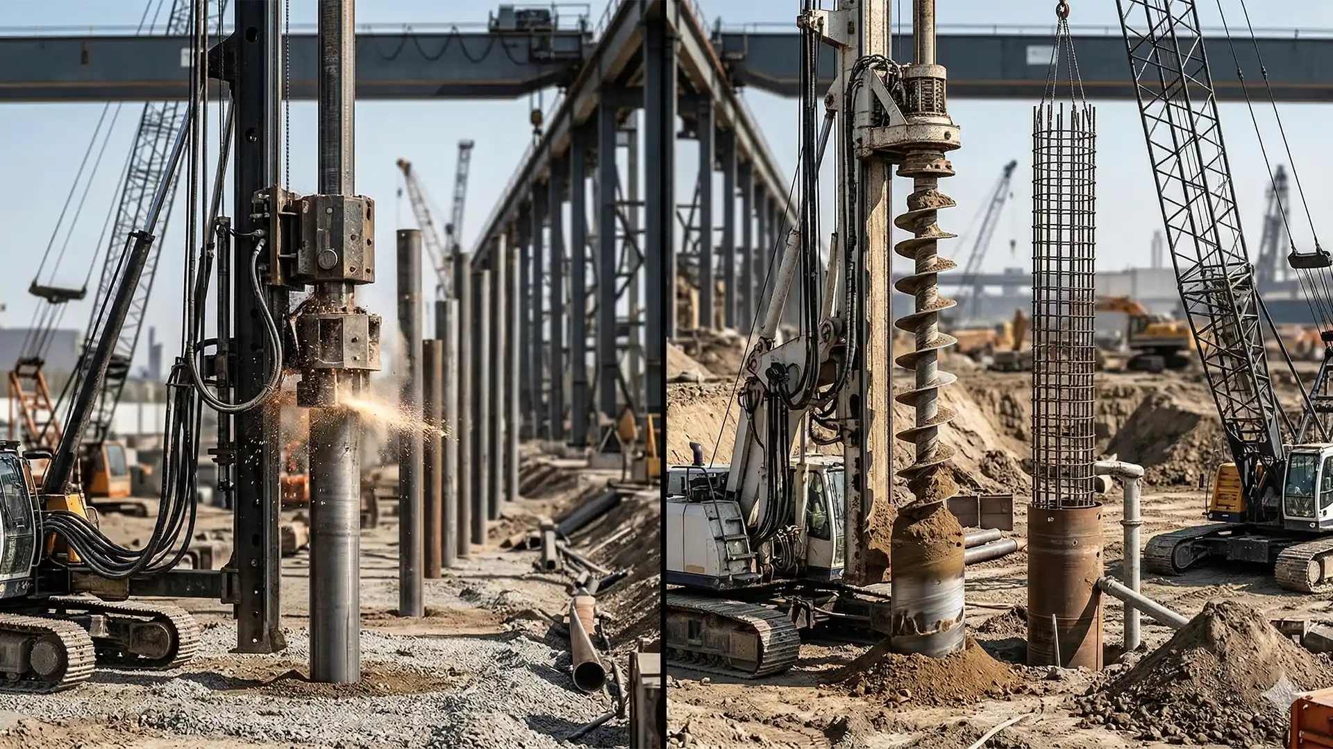 Heavy machinery installing deep foundation piles