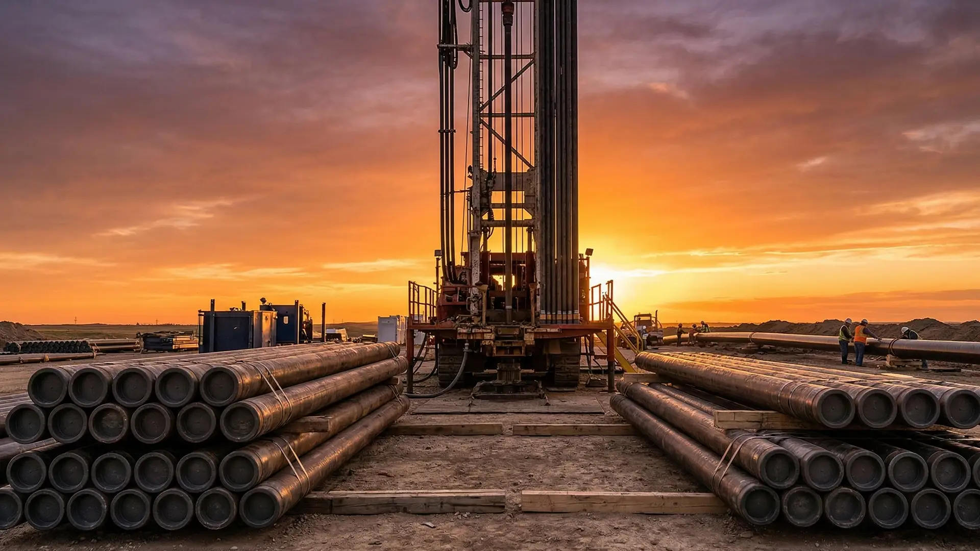 Stacked API 5L line pipe on a drilling site