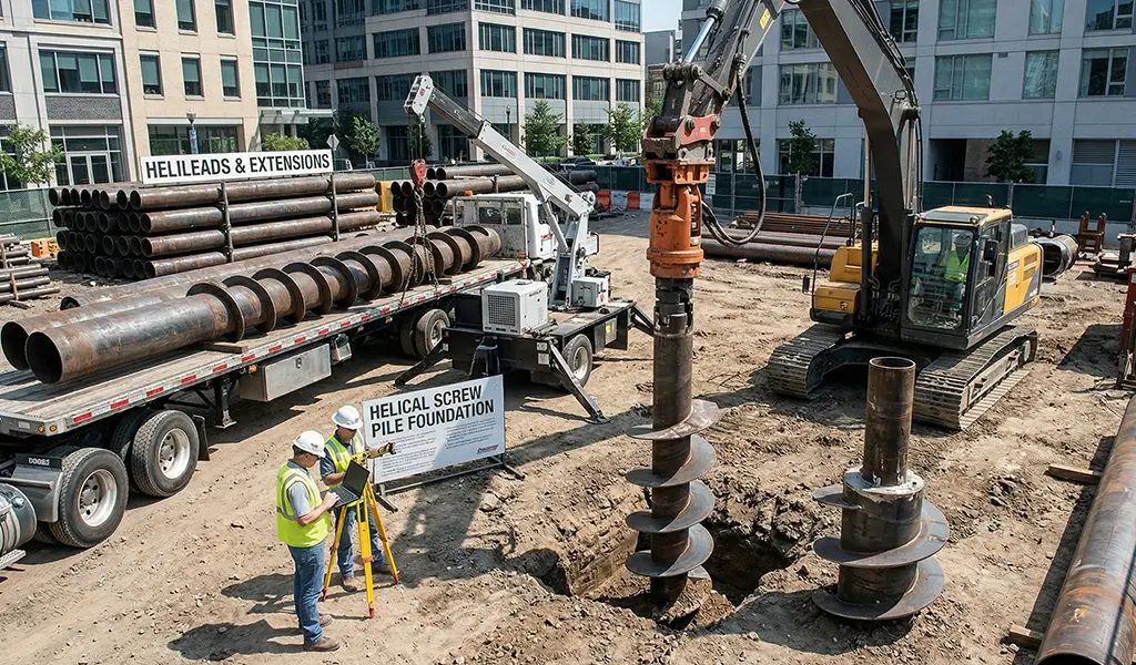 Professional installation of a helical screw pile foundation