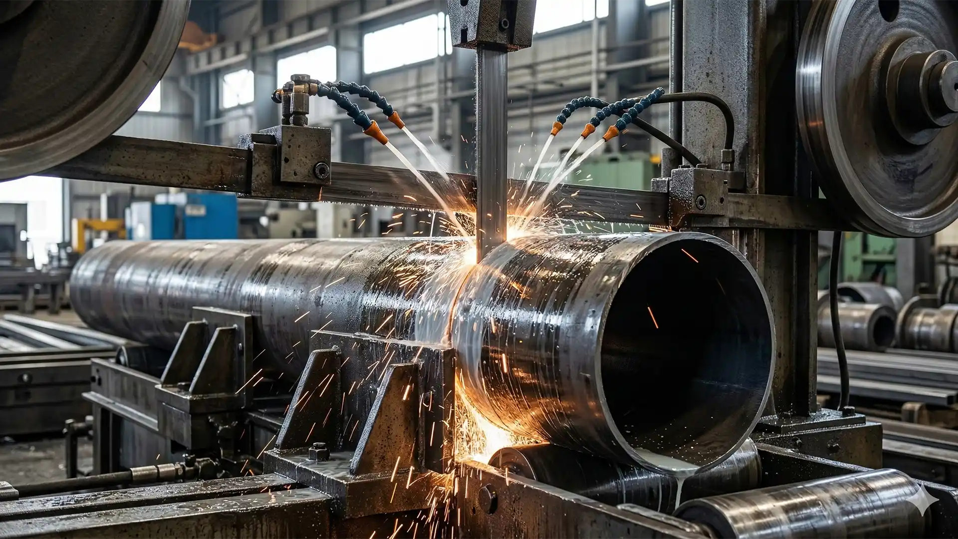 Large steel pipe being cut by an industrial band saw