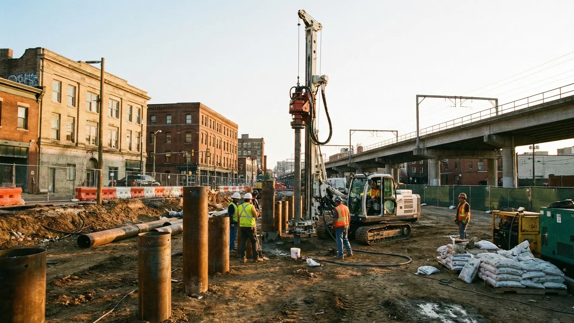 Micropile drilling rig in restricted access area