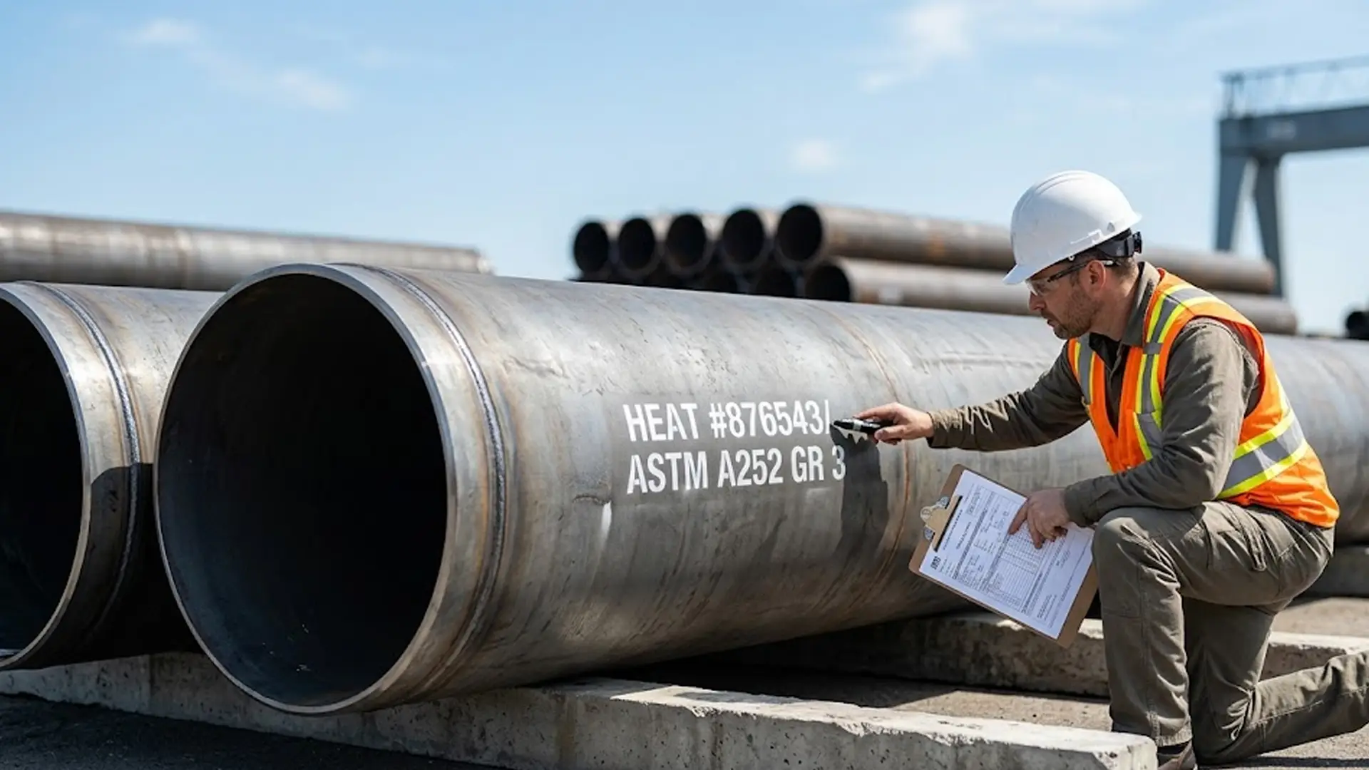Quality control inspector checking heat numbers on heavy steel pipe