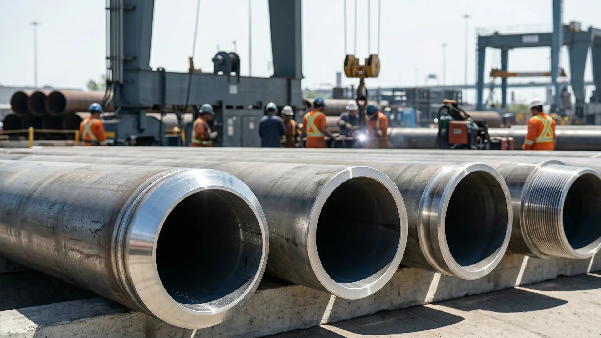 Heavy steel pipe ends featuring beveled and plain end preparations in a fabrication yard