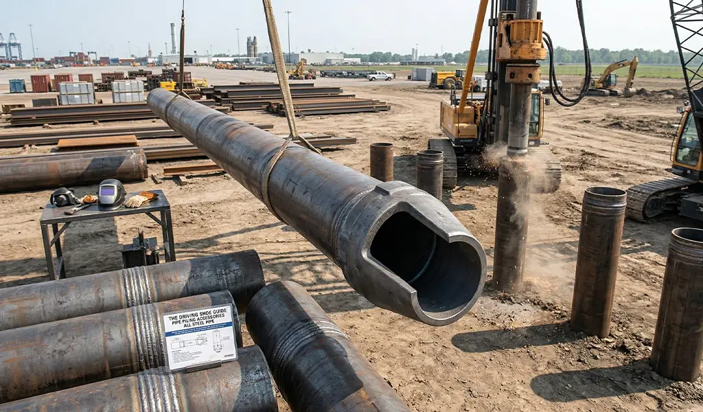 Heavy pipe piling being driven on a civil construction site