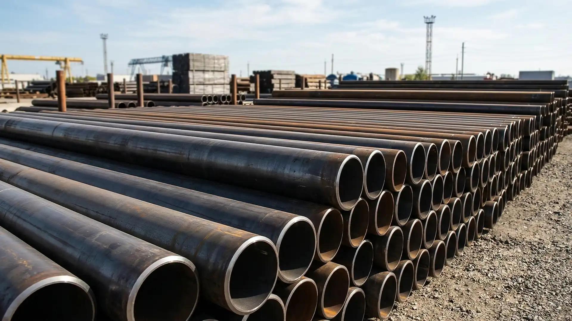 Large steel casing pipe staged for road boring