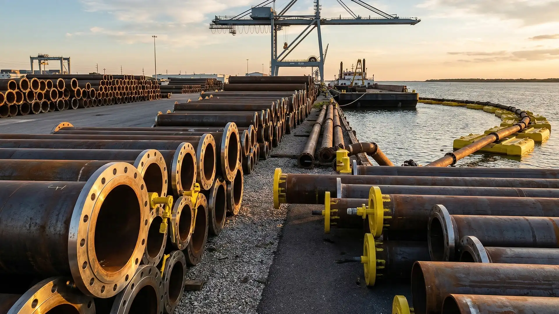 Heavy wall steel dredge pipe on pontoons over water