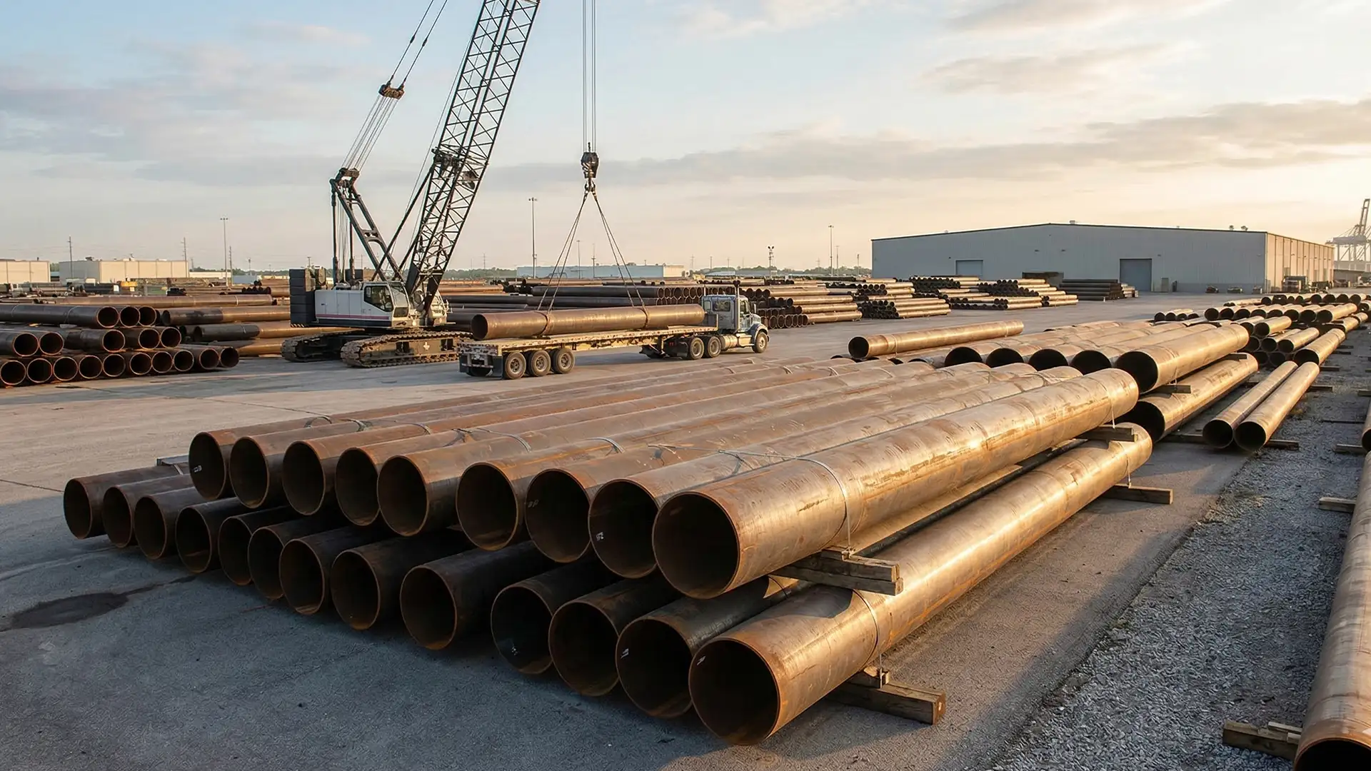 Heavy steel pipe piles being driven at a massive construction site