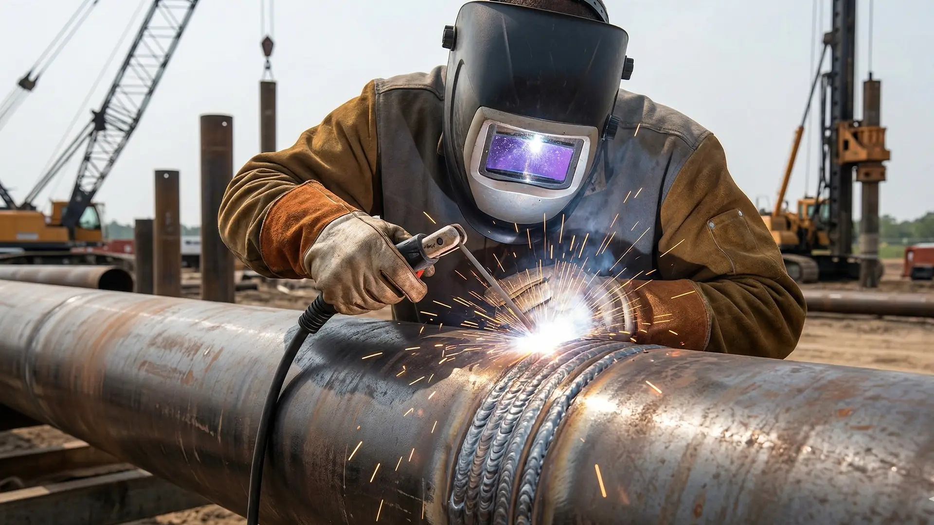 Field welder performing a full-penetration splice weld on a large-diameter pipe pile
