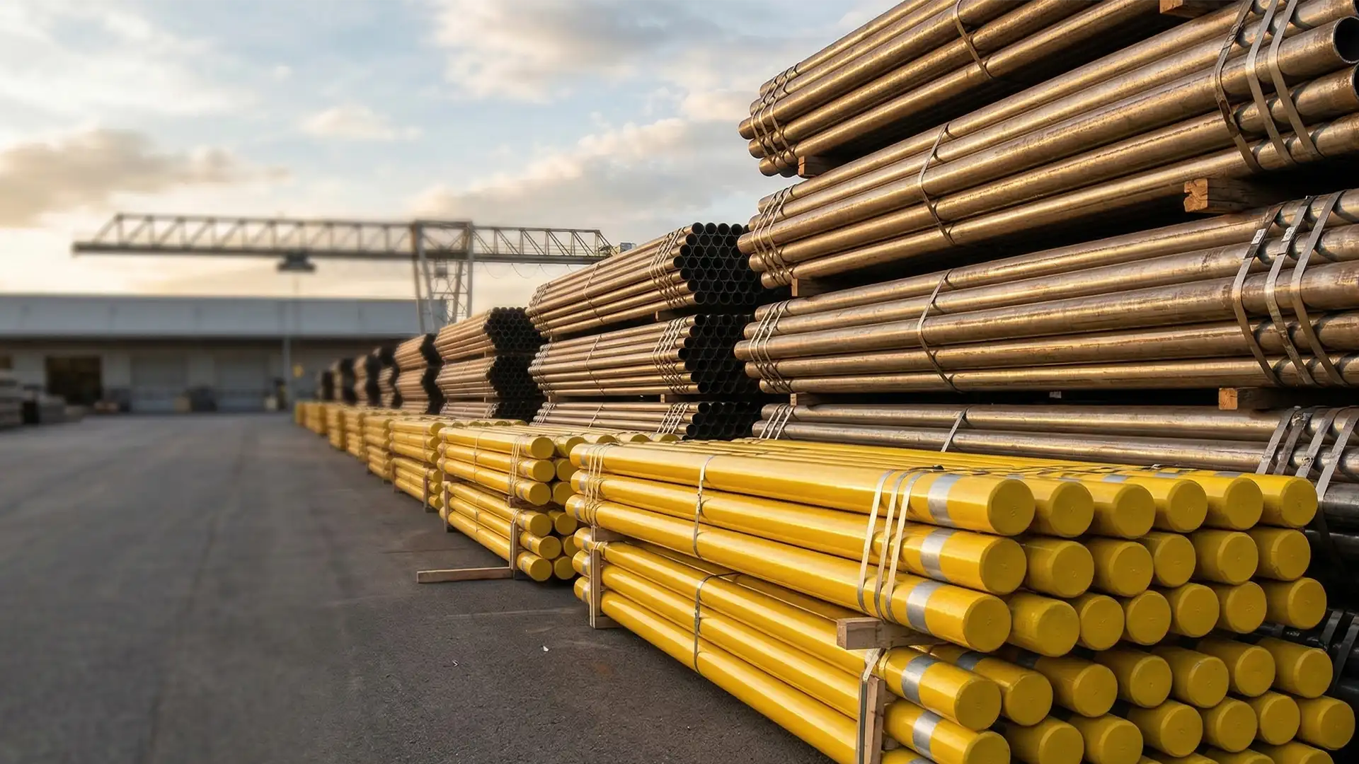 Stacks of steel pipe bollards at a distribution center